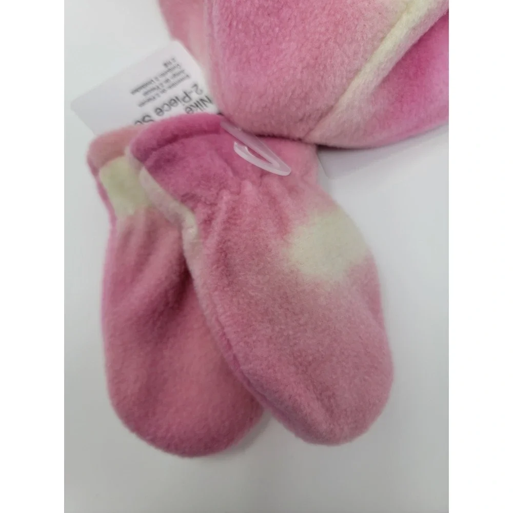 NWT Nike Fleece Trapper Style Hat Mittens Set Baby  12-24mth Pink Tie Dye Swoosh